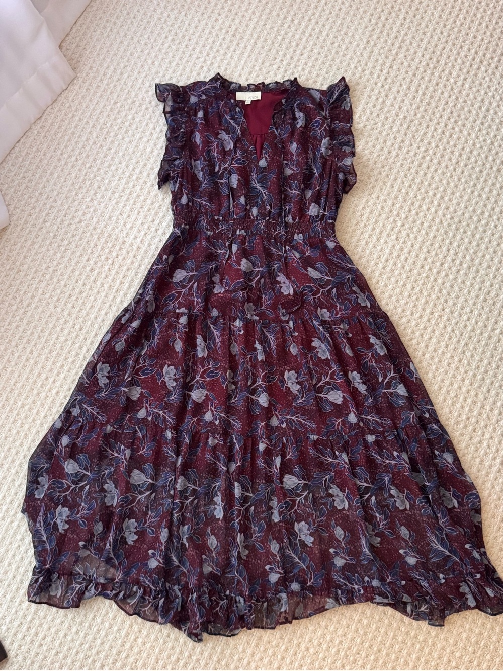 Pinch Floral Ruffle Midi Dress in Burgundy and Blue-Gray